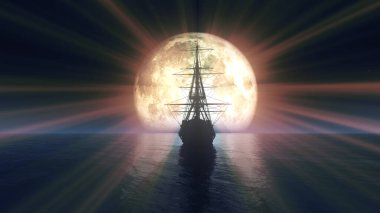 Denizde eski bir gemi dolunay çizimi 3D