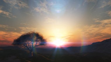 Çayırda gün batımı ve yalnız ağaç, üç boyutlu resimleme