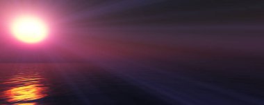 Gün batımı deniz ışığı gökyüzü berrak, üç boyutlu resimleme