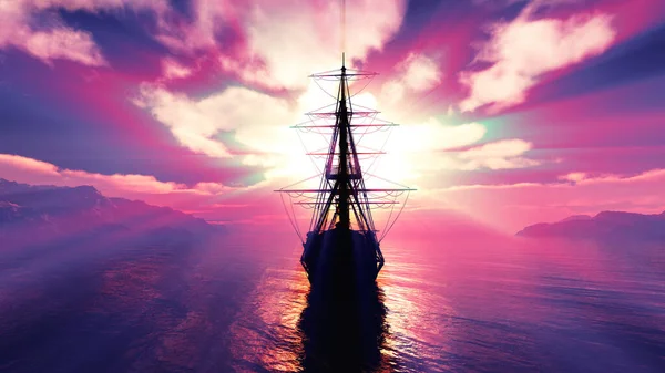 Altes Schiff Sonnenuntergang Auf See Illustration Rendering — Stockfoto