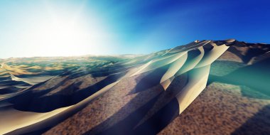 Çölde kum tepeleri batıyor. 3d resimleme