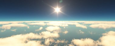 Bulutların üzerinde uç günbatımı manzarası. 3d resimleme