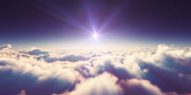 Bulutların üzerinde gün doğumu güneş ışığı çizimi, 3 boyutlu görüntüleme