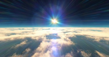 Bulutların üzerinde uç günbatımı manzarası. 3d resimleme