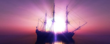 Eski gemi günbatımında deniz 3D resimleme