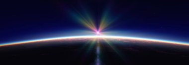 Bulutlu okyanus üzerinden Dünya 'nın doğuşu. 3d resimleme