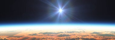 Bulutlu okyanus üzerinden Dünya 'nın doğuşu. 3d resimleme