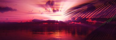 Gün batımı deniz palmiyesi çizimi, 3D görüntüleme