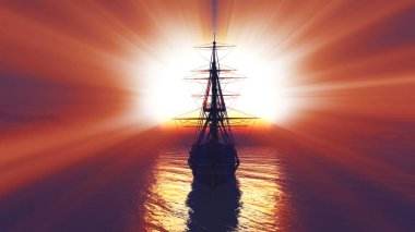 Eski gemi gün batımında deniz çiziminde 3D görüntüleme