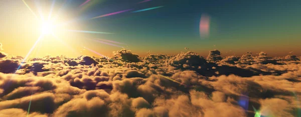 Πάνω Από Σύννεφα Πετούν Απεικόνιση Ηλιακών Ακτίνων Ηλιοβασιλέματος Καθιστούν — Φωτογραφία Αρχείου