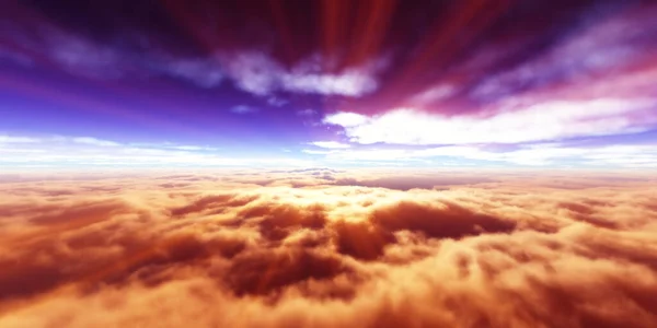 Nad Chmurami Latać Zachód Słońca Słońce Ray Ilustracja Renderować — Zdjęcie stockowe