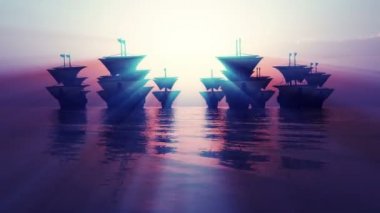 Günbatımında denizde eski gemiler