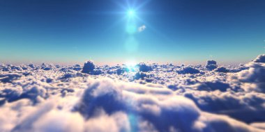 Bulutların üzerinde uç günbatımı manzarası, üç boyutlu resimleme