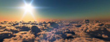 Bulutların üzerinde günbatımı güneş ışığı illüstrasyonu, 3 boyutlu görüntüleme