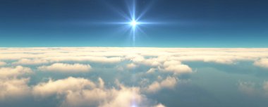 Bulutların üzerinde uç günbatımı manzarası. 3d resimleme