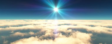 Bulutların üzerinde uç günbatımı manzarası. 3d resimleme