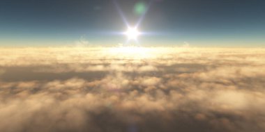 Bulutların üzerinde uç günbatımı manzarası, üç boyutlu resimleme