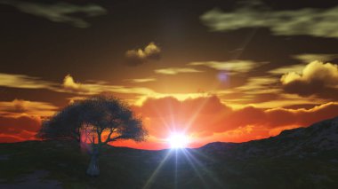 Çayırda gün batımı ve yalnız ağaç, üç boyutlu resimleme