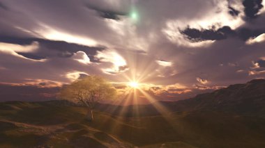 Çayırda gün batımı ve yalnız ağaç, üç boyutlu resimleme