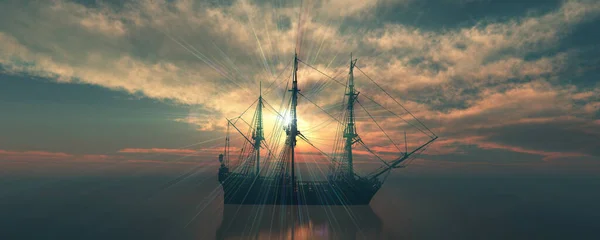 Old Ship Sunset Sea Rendering Illustration — Stock Photo, Image