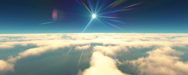 Bulutların üzerinde uç günbatımı manzarası. 3d resimleme