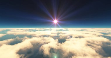 Bulutların üzerinde uç günbatımı manzarası. 3d resimleme