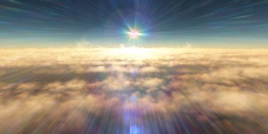 Bulutların üzerinde uç günbatımı manzarası, üç boyutlu resimleme