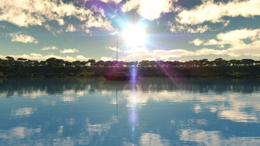 Tropikal gölün üzerinde güzel bir günbatımı, illüstrasyon 3D