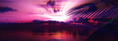 Gün batımı deniz palmiyesi çizimi, 3D görüntüleme