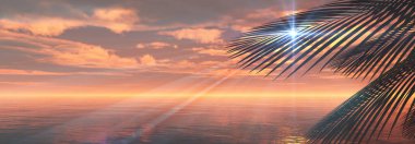 Gün batımı deniz palmiyesi çizimi, 3D görüntüleme