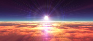 Bulutların üzerinde günbatımı güneş ışığı illüstrasyonu, 3 boyutlu görüntüleme