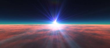 Bulutların üzerinde günbatımı güneş ışığı illüstrasyonu, 3 boyutlu görüntüleme