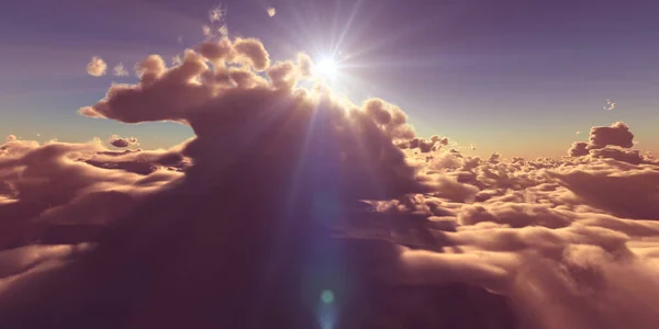飞越云彩落日景观 3D渲染图解 — 图库照片