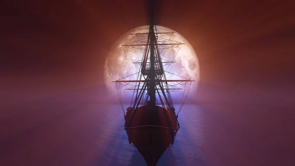 Viejo Barco Mar Luna Llena Ilustración Renderizado — Foto de Stock