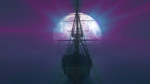 Vieux Navire Mer Pleine Lune Illustration Rendu — Photo