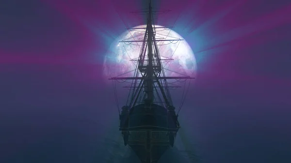 Viejo Barco Mar Luna Llena Ilustración Renderizado — Foto de Stock