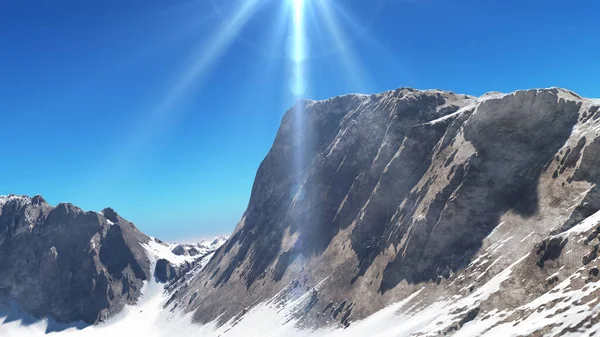 Dağ Karlı Güneş Işığı Çizimi Görüntüleme — Stok fotoğraf