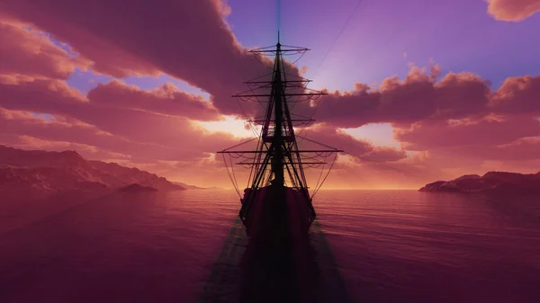 Old Ship Sunset Sea Illustration Rendering — Stock Photo, Image