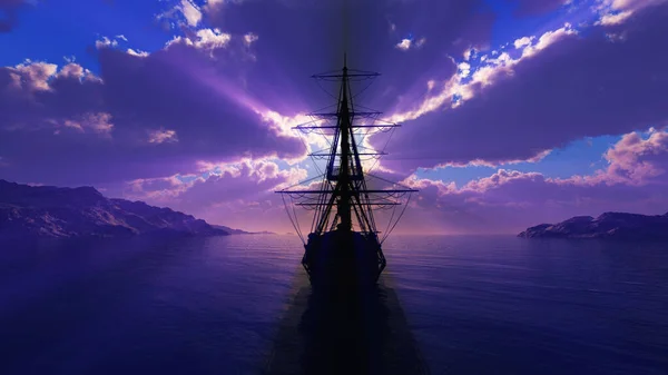 Παλιό Ηλιοβασίλεμα Στη Θάλασσα Εικονογράφηση Απόδοση — Φωτογραφία Αρχείου