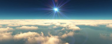 Bulutların üzerinde uç günbatımı manzarası. 3d resimleme