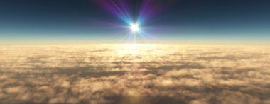 Bulutların üzerinde uç günbatımı manzarası, üç boyutlu resimleme