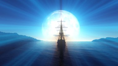 Denizde eski bir gemi dolunay çizimi 3D