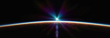 Bulutlu okyanus üzerinden Dünya 'nın doğuşu. 3d resimleme