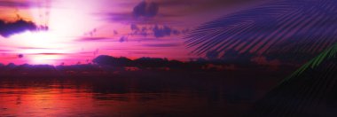 Gün batımı deniz palmiyesi çizimi, 3D görüntüleme