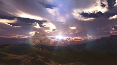 Çayırda gün batımı ve yalnız ağaç, üç boyutlu resimleme