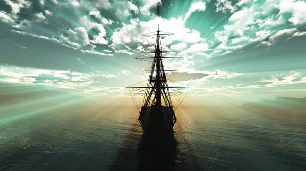 Stará Loď Západ Slunce Moři Ilustrace Vykreslování — Stock fotografie