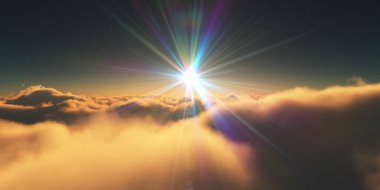 Bulutların üzerinde gün doğumu güneş ışığı çizimi, 3 boyutlu görüntüleme