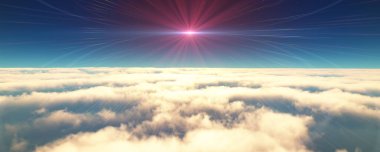 Bulutların üzerinde uç günbatımı manzarası. 3d resimleme