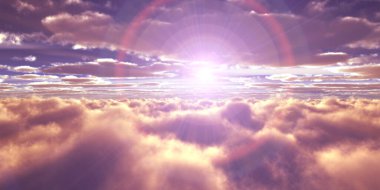 Bulutların üzerinde günbatımı güneş ışığı illüstrasyonu, 3 boyutlu görüntüleme