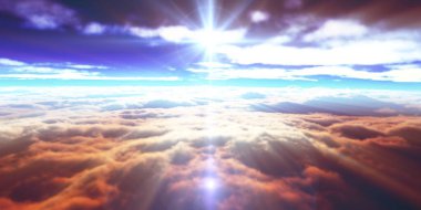 Bulutların üzerinde günbatımı güneş ışığı illüstrasyonu, 3 boyutlu görüntüleme